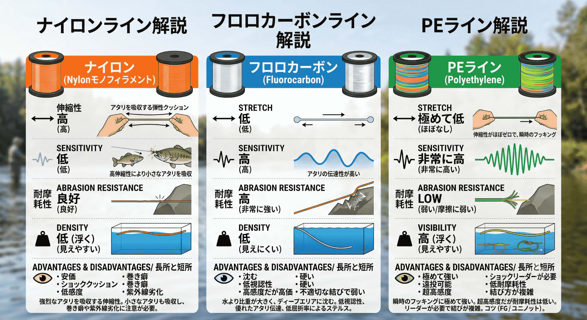 ナイロン・フロロカーボン・PEラインの太さと特性の違いを示す図